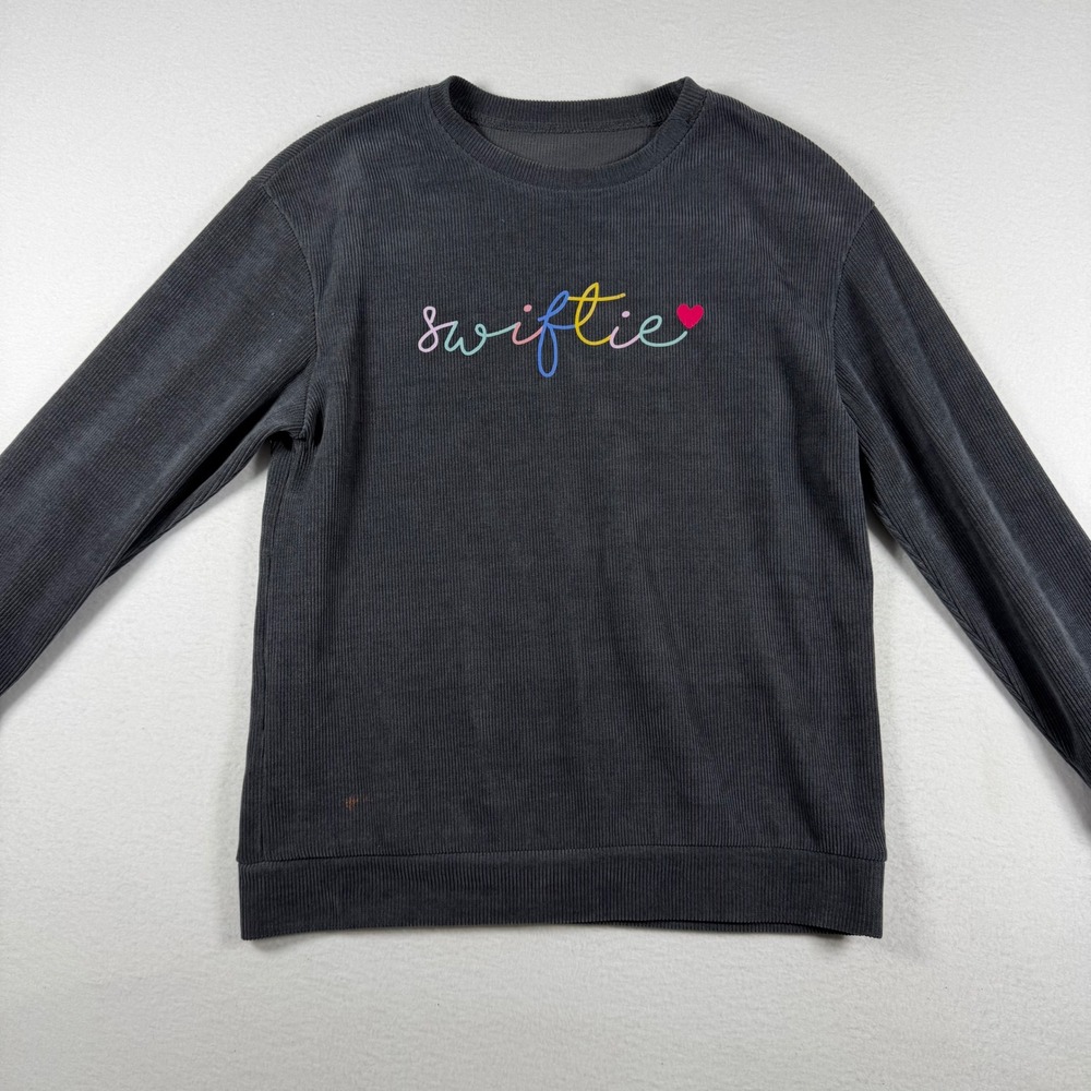 Swiftie Embroidered Corduroy Sweatshirt Charcoal Black Ribbed Pullover Fan Gear